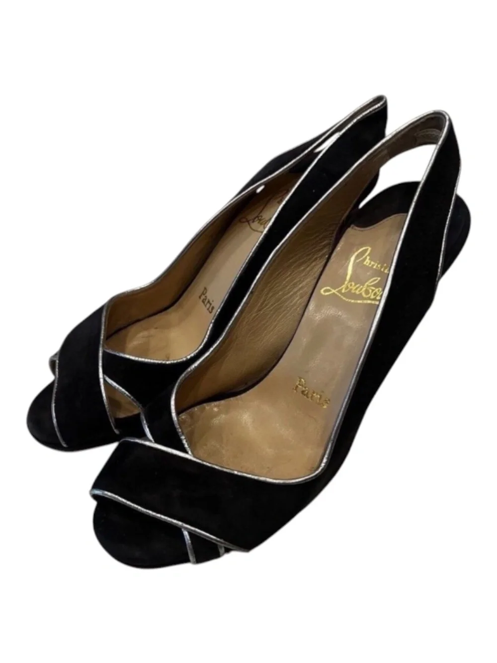 Christian Louboutin Black Suede Silver Trim Peep-Toe Slingback Heels